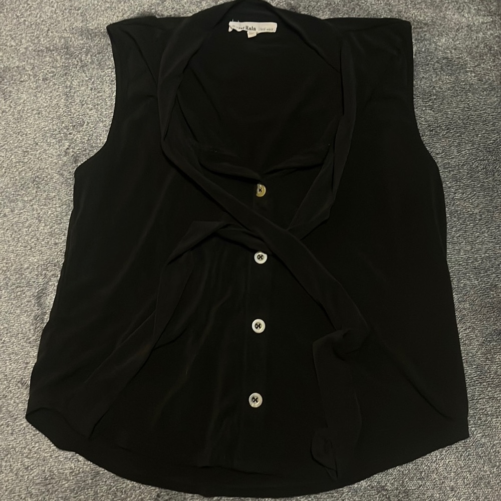 Size Large black tank top with buttons and a front tie